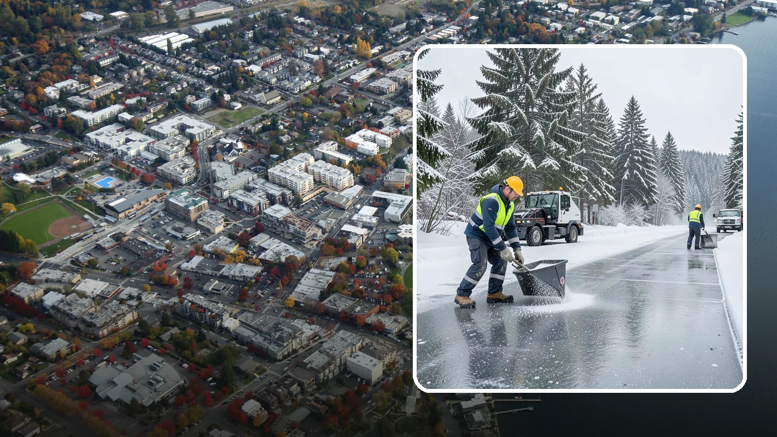 Calcium Chloride Spreading in Kirkland, King County, WA - Calcium chloride spreading tackles ice at the sub-freezing temperatures where ordinary rock salt stops working.