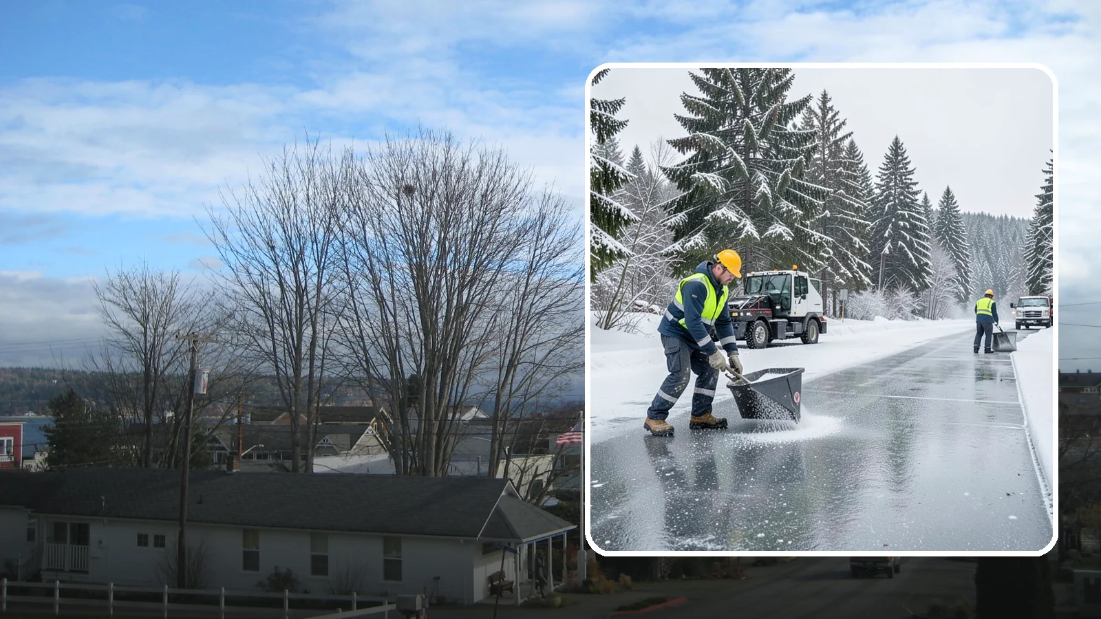 Calcium Chloride Spreading in Langley, Island County, WA - Calcium chloride spreading tackles ice at the sub-freezing temperatures where ordinary rock salt stops working.
