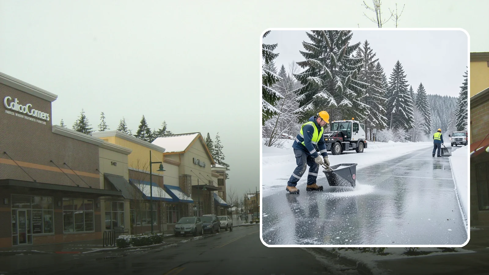 Calcium Chloride Spreading in Mill Creek, Snohomish County, WA - Calcium chloride spreading tackles ice at the sub-freezing temperatures where ordinary rock salt stops working.