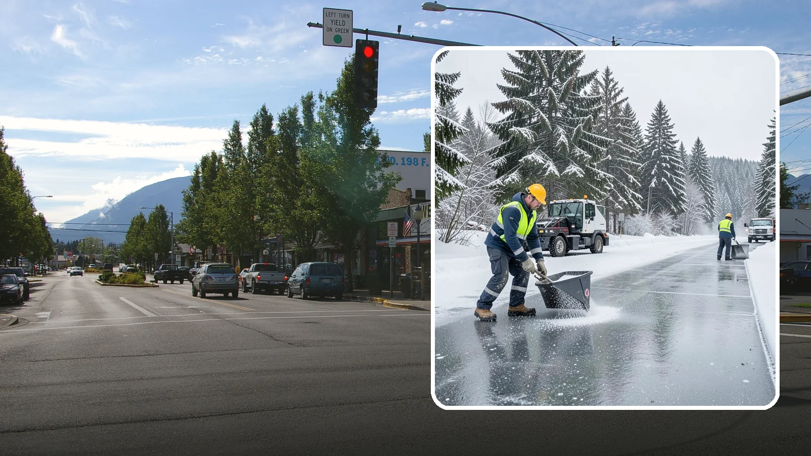 Calcium Chloride Spreading in North Bend, King County, WA - Calcium chloride spreading tackles ice at the sub-freezing temperatures where ordinary rock salt stops working.