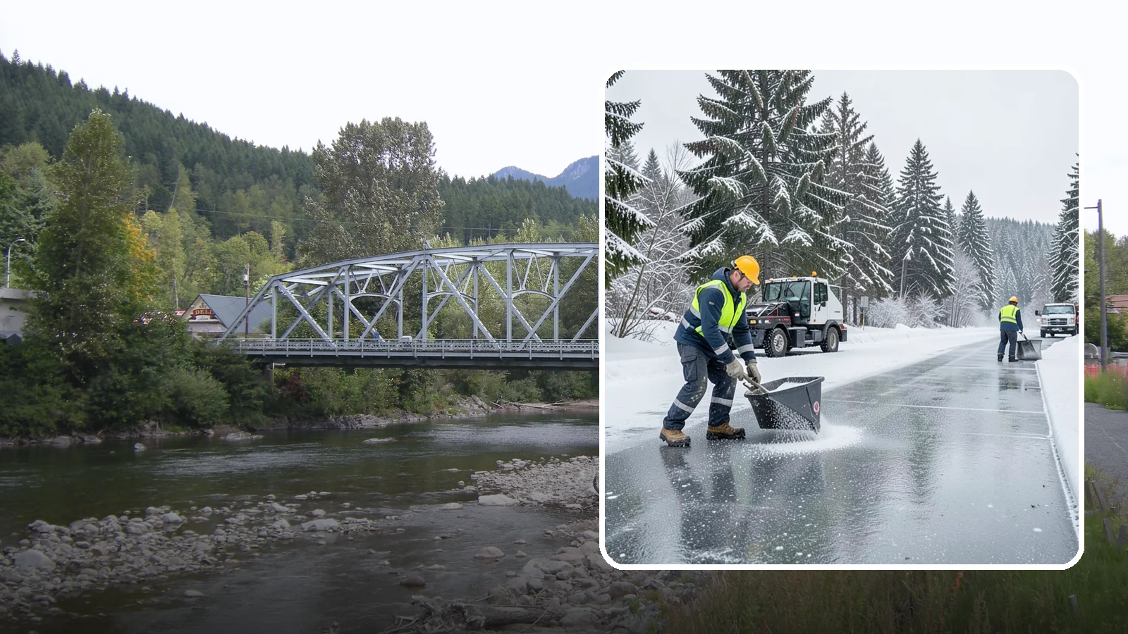 Calcium Chloride Spreading in Skykomish, King County, WA - Calcium chloride spreading tackles ice at the sub-freezing temperatures where ordinary rock salt stops working.