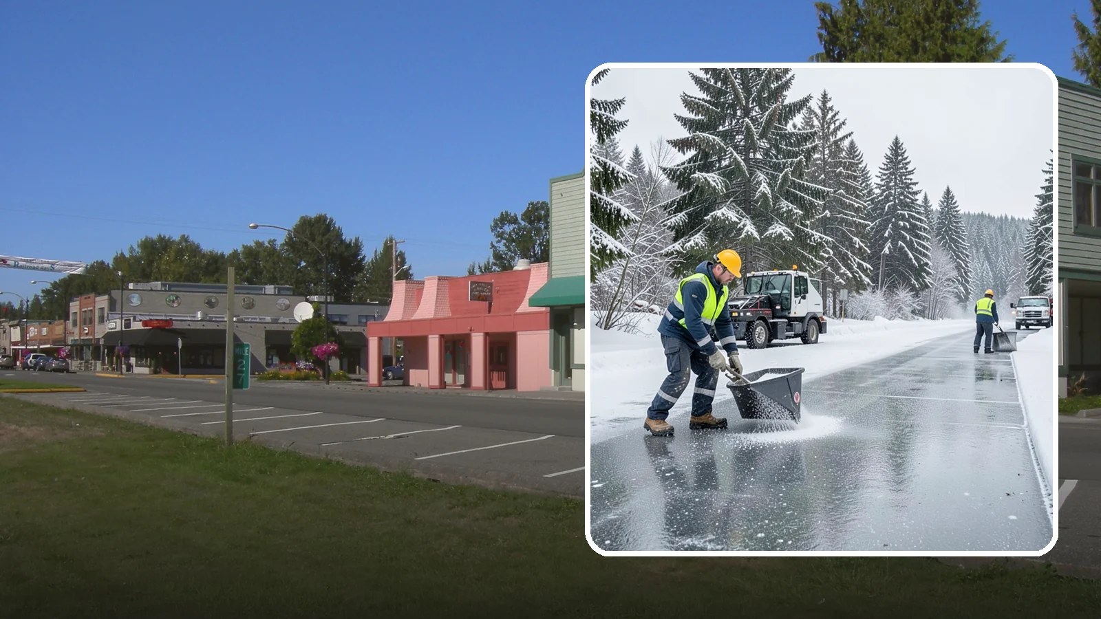 Calcium Chloride Spreading in Snoqualmie, King County, WA - Calcium chloride spreading tackles ice at the sub-freezing temperatures where ordinary rock salt stops working.