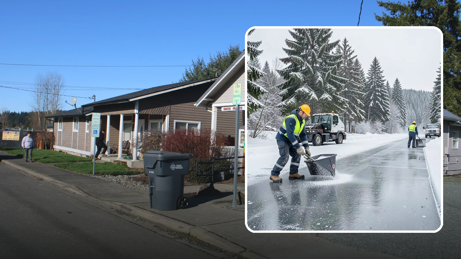Calcium Chloride Spreading in South Prairie, Pierce County, WA - Calcium chloride spreading tackles ice at the sub-freezing temperatures where ordinary rock salt stops working.