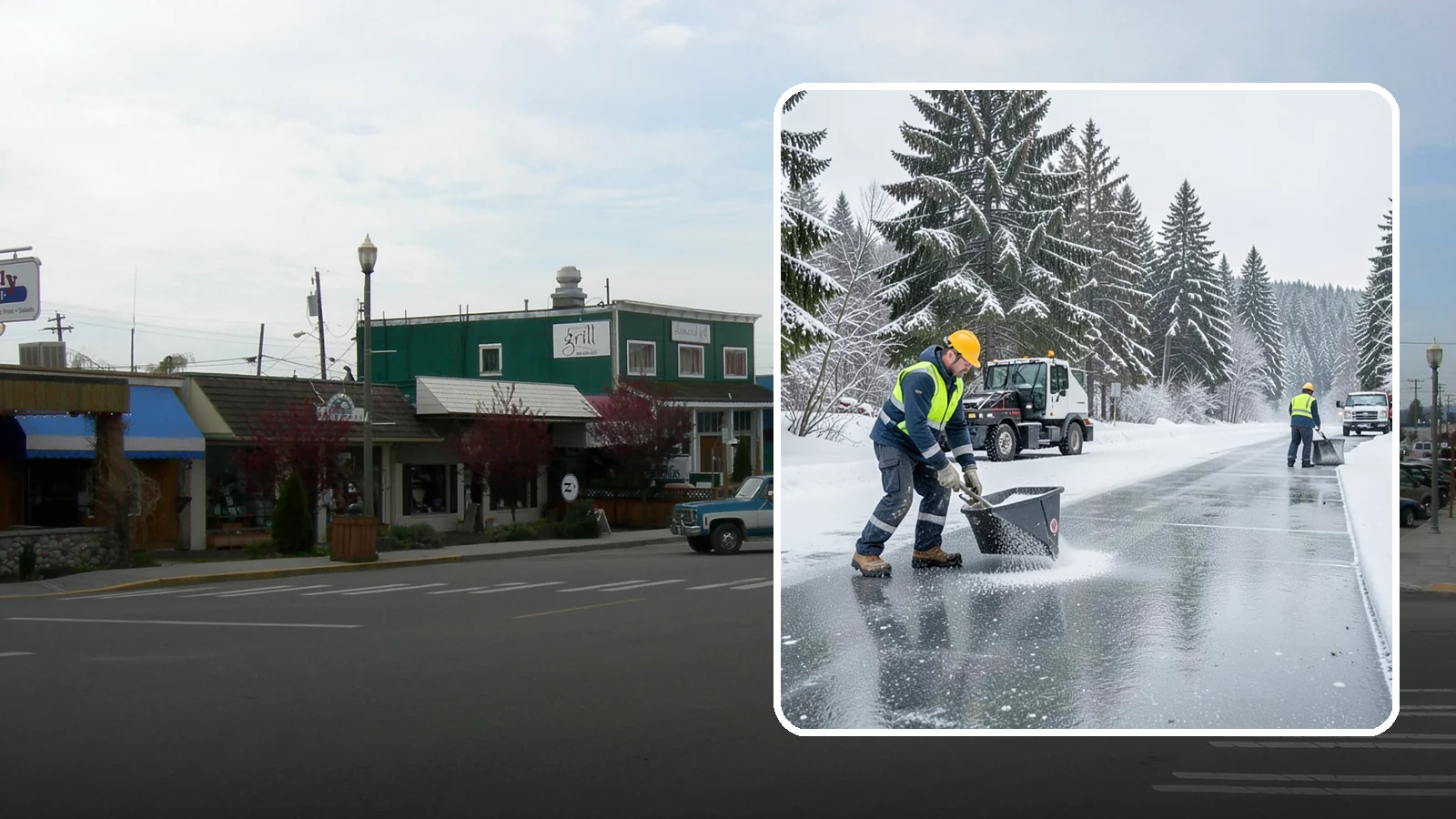 Calcium Chloride Spreading in Stanwood, Snohomish County, WA - Calcium chloride spreading tackles ice at the sub-freezing temperatures where ordinary rock salt stops working.