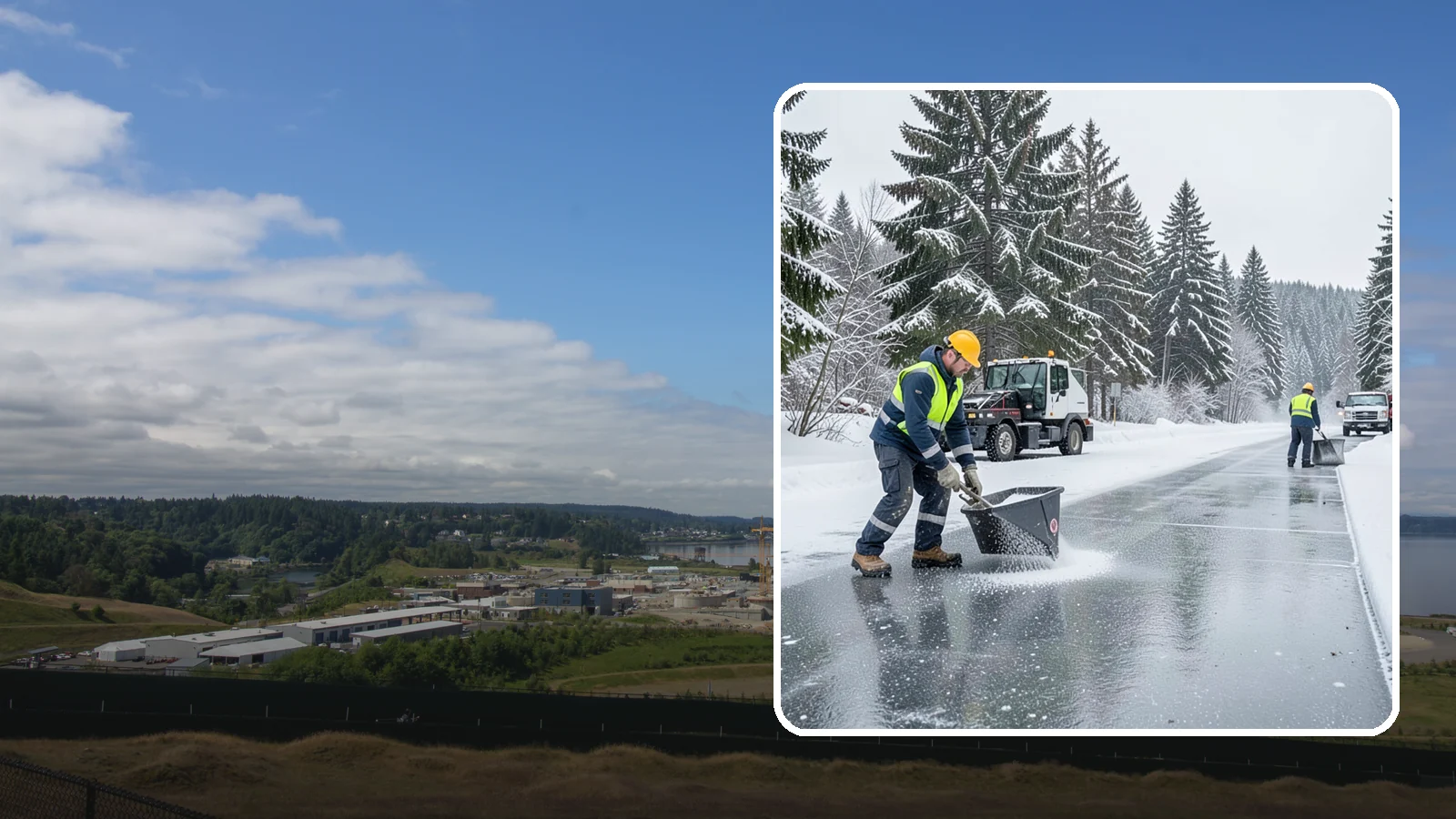 Calcium Chloride Spreading in University Place, Pierce County, WA - Calcium chloride spreading tackles ice at the sub-freezing temperatures where ordinary rock salt stops working.