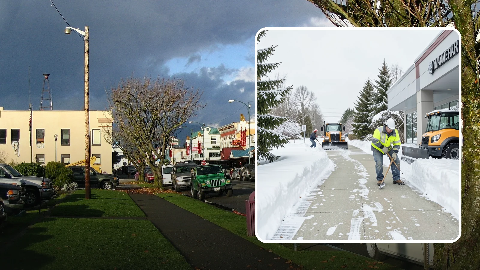 Car Dealership Sidewalk Clearing in Arlington, Snohomish County, WA - Showroom and service-entrance sidewalk clearing for Western Washington car dealerships, keeping customer walks safe and the...