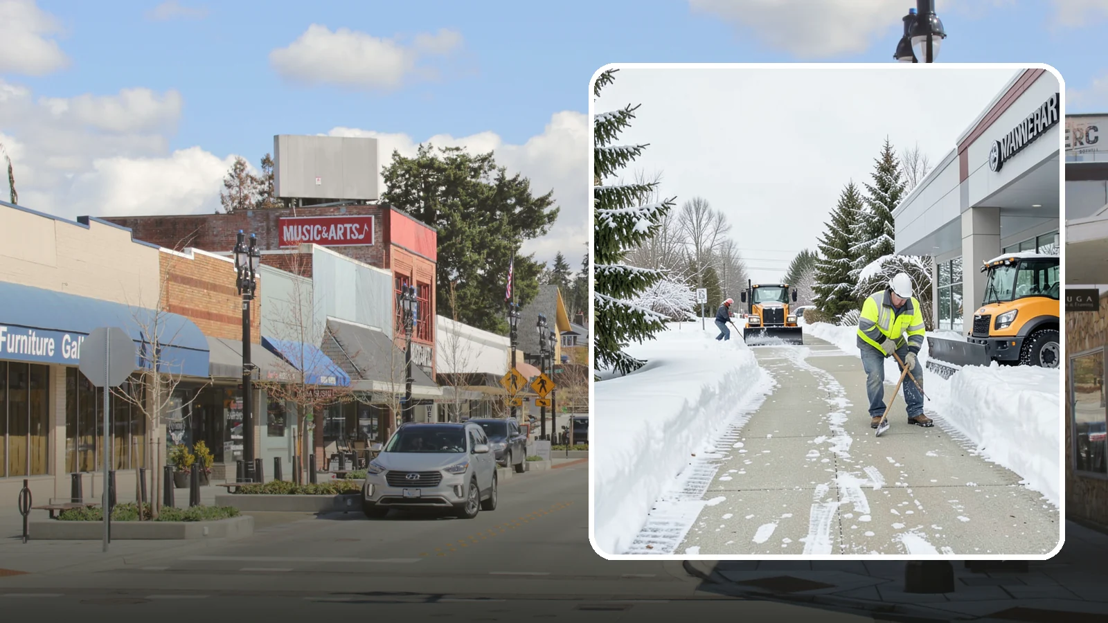 Car Dealership Sidewalk Clearing in Bothell, King County, WA - Showroom and service-entrance sidewalk clearing for Western Washington car dealerships, keeping customer walks safe and the...