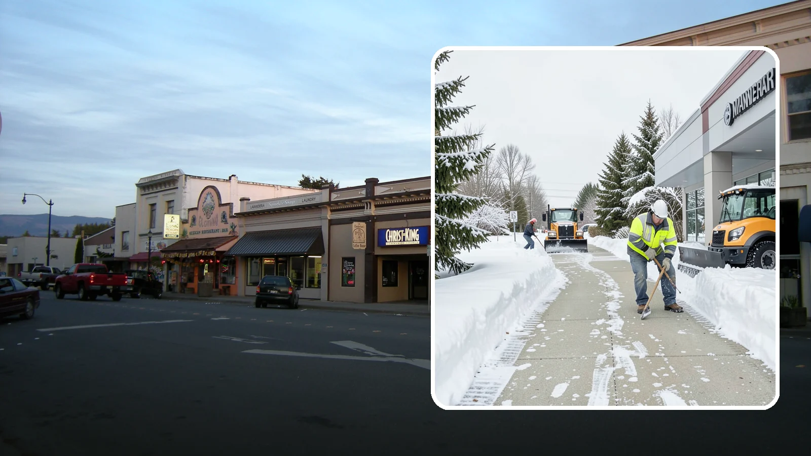 Car Dealership Sidewalk Clearing in Burlington, Skagit County, WA - Showroom and service-entrance sidewalk clearing for Western Washington car dealerships, keeping customer walks safe and the...