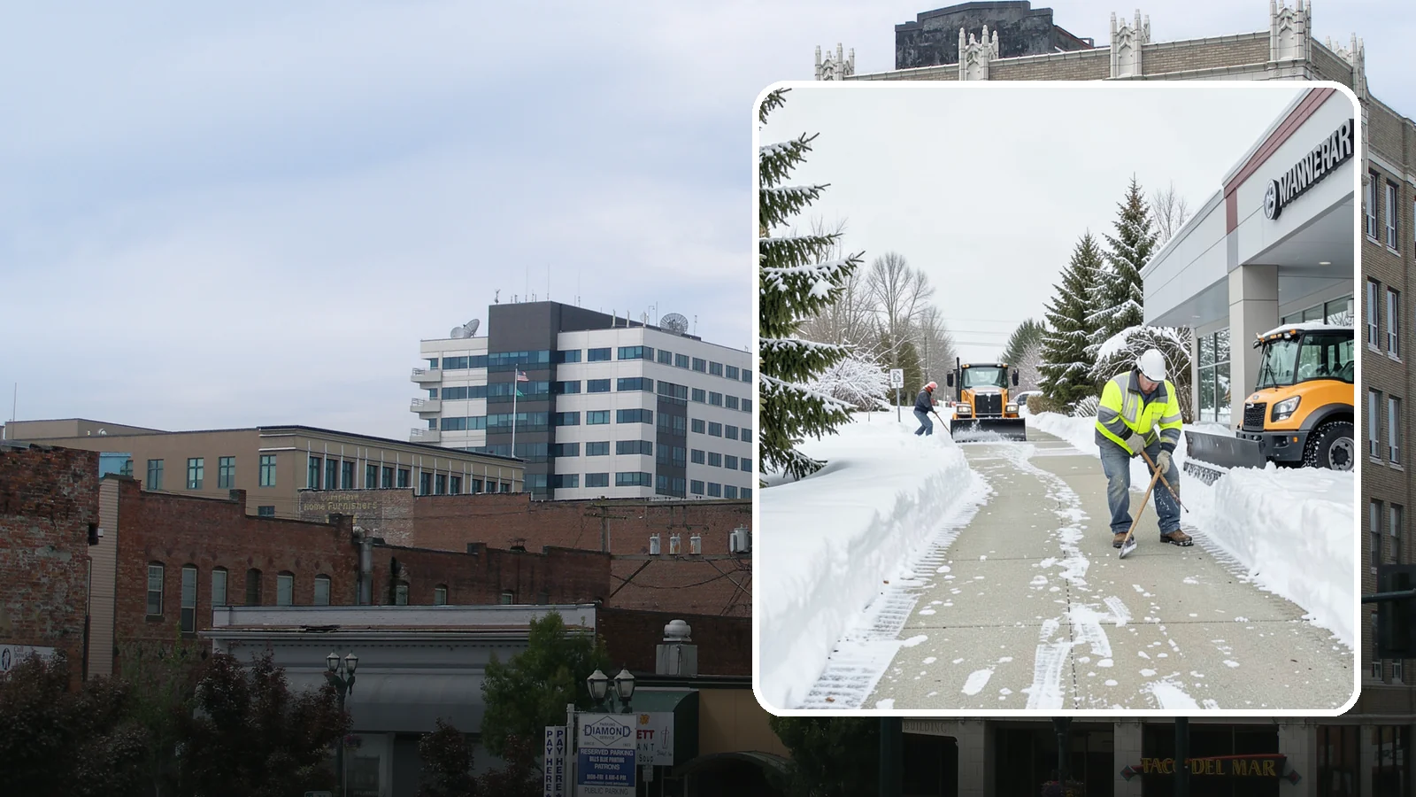 Car Dealership Sidewalk Clearing in Everett, Snohomish County, WA - Showroom and service-entrance sidewalk clearing for Western Washington car dealerships, keeping customer walks safe and the...