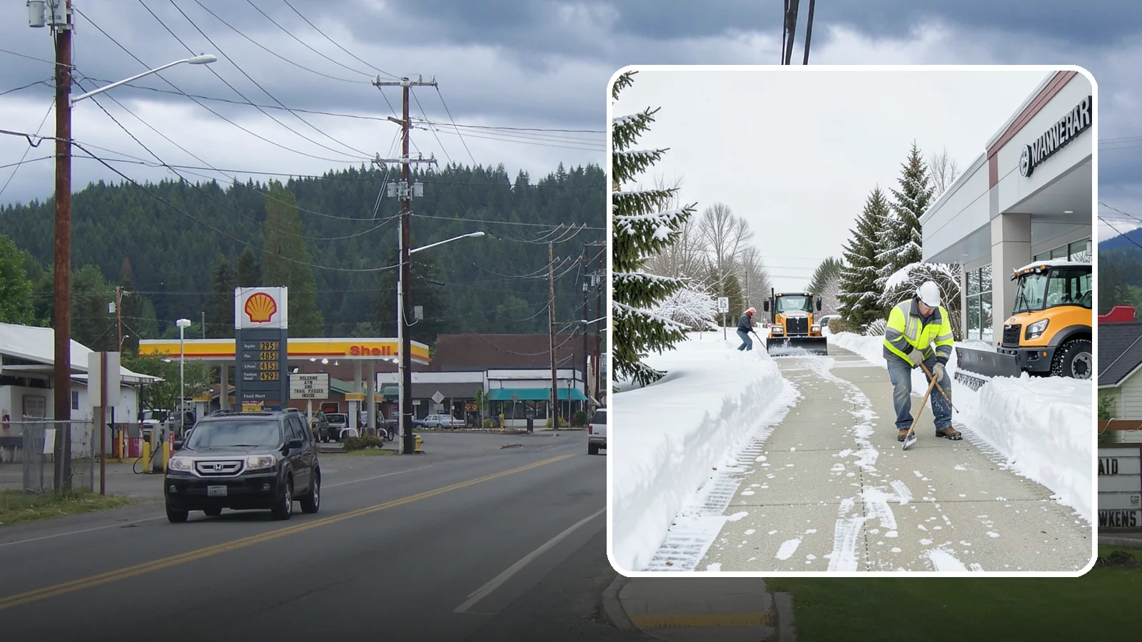 Car Dealership Sidewalk Clearing in Granite Falls, Snohomish County, WA - Showroom and service-entrance sidewalk clearing for Western Washington car dealerships, keeping customer walks safe and the...
