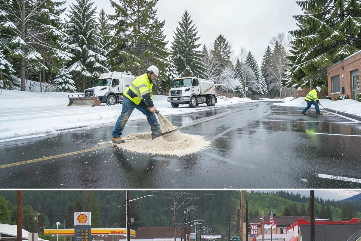 Car Dealership Sidewalk Clearing in Granite Falls, Snohomish County, WA - Dealership demand runs December through February, when overnight drizzle glazes smooth showroom entrances before customers arrive.