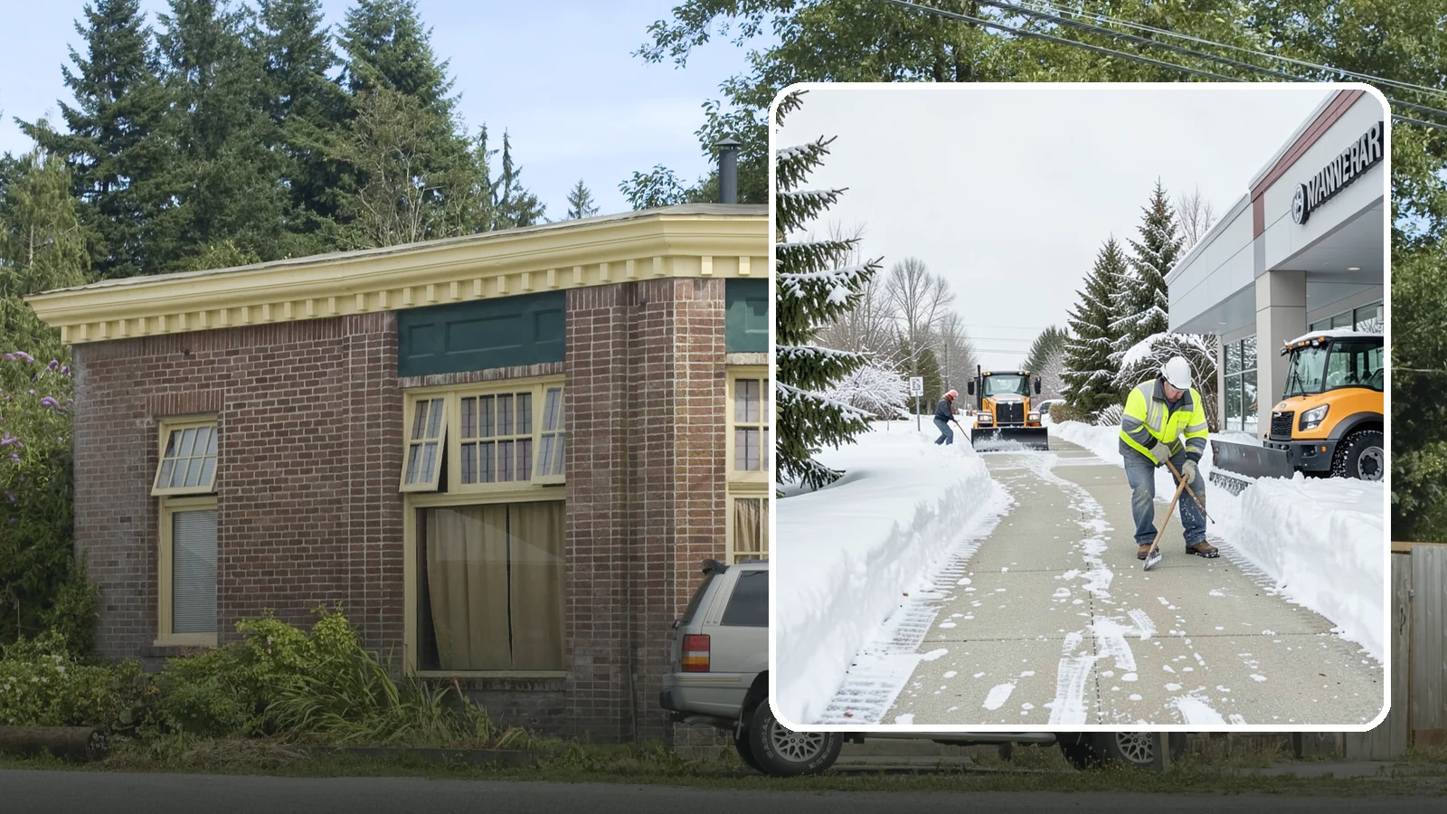 Car Dealership Sidewalk Clearing in Hamilton, Skagit County, WA - Showroom and service-entrance sidewalk clearing for Western Washington car dealerships, keeping customer walks safe and the...