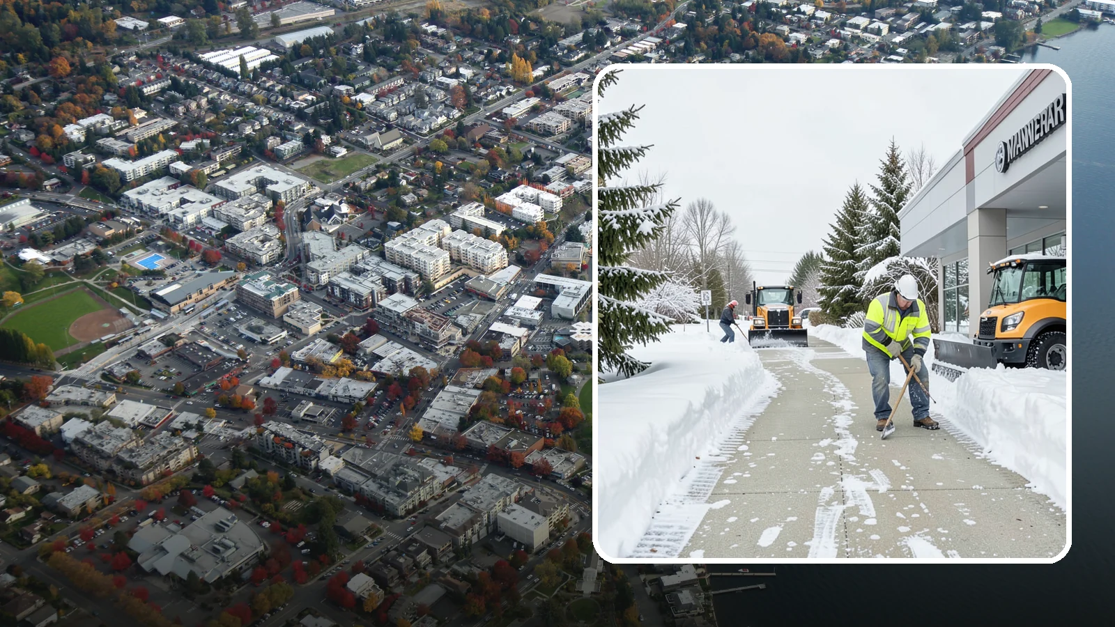 Car Dealership Sidewalk Clearing in Kirkland, King County, WA - Showroom and service-entrance sidewalk clearing for Western Washington car dealerships, keeping customer walks safe and the...