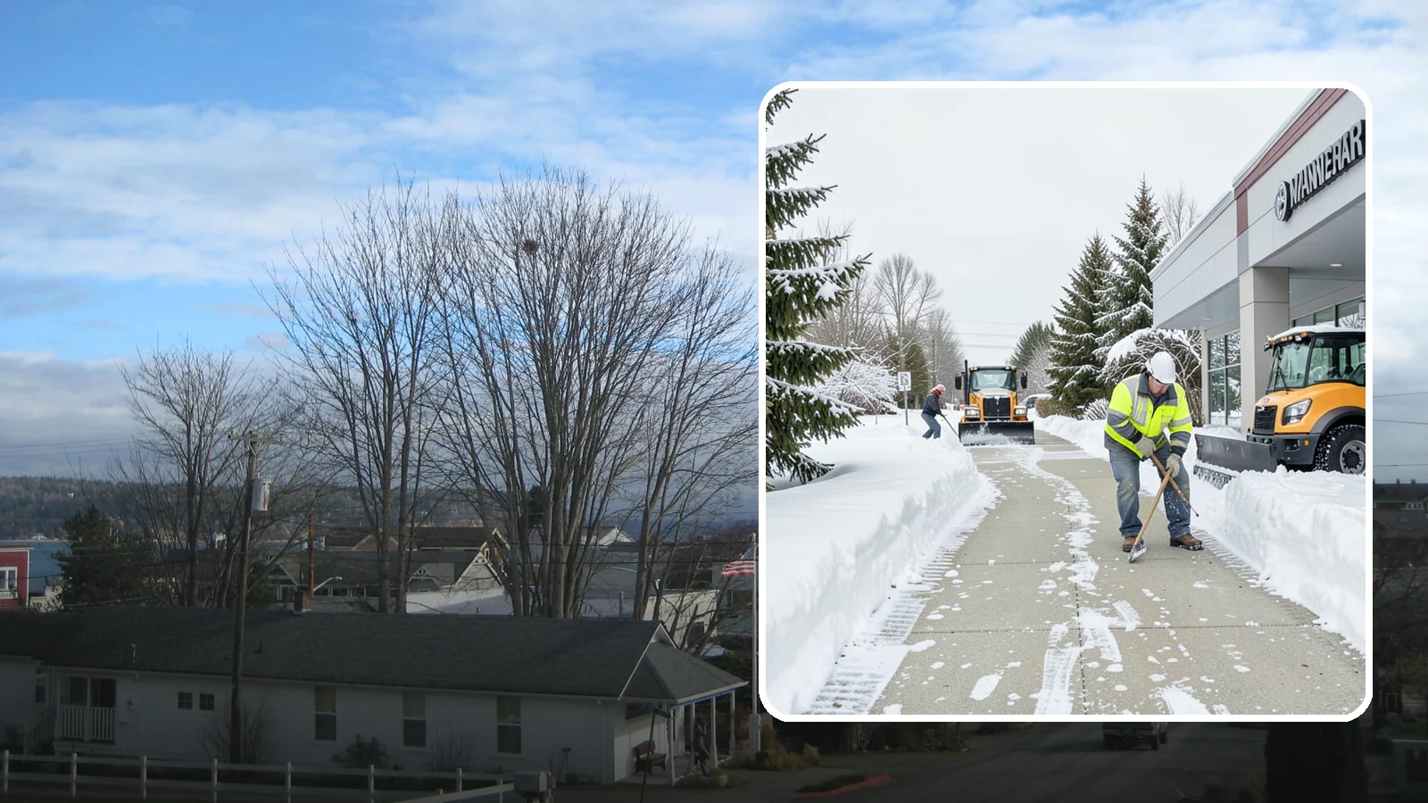 Car Dealership Sidewalk Clearing in Langley, Island County, WA - Showroom and service-entrance sidewalk clearing for Western Washington car dealerships, keeping customer walks safe and the...