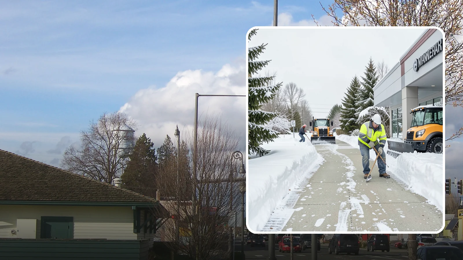 Car Dealership Sidewalk Clearing in Marysville, Snohomish County, WA - Showroom and service-entrance sidewalk clearing for Western Washington car dealerships, keeping customer walks safe and the...