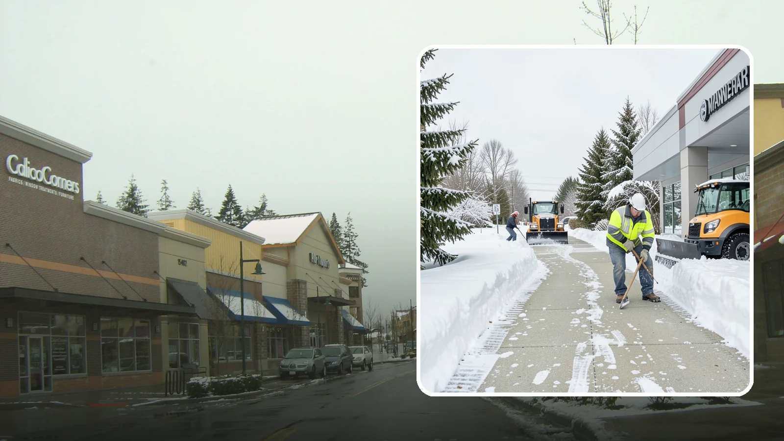 Car Dealership Sidewalk Clearing in Mill Creek, Snohomish County, WA - Showroom and service-entrance sidewalk clearing for Western Washington car dealerships, keeping customer walks safe and the...