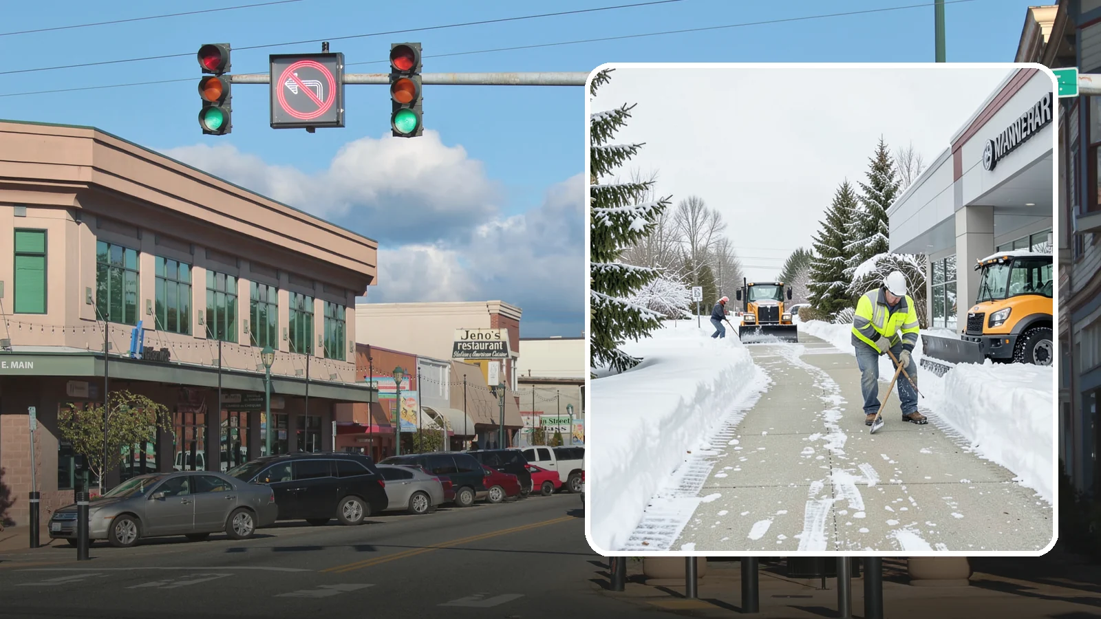 Car Dealership Sidewalk Clearing in Monroe, Snohomish County, WA - Showroom and service-entrance sidewalk clearing for Western Washington car dealerships, keeping customer walks safe and the...