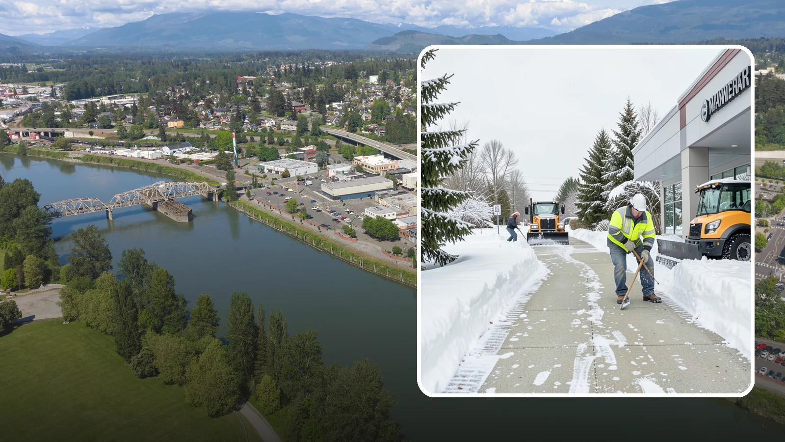 Car Dealership Sidewalk Clearing in Mount Vernon, Skagit County, WA - Showroom and service-entrance sidewalk clearing for Western Washington car dealerships, keeping customer walks safe and the...