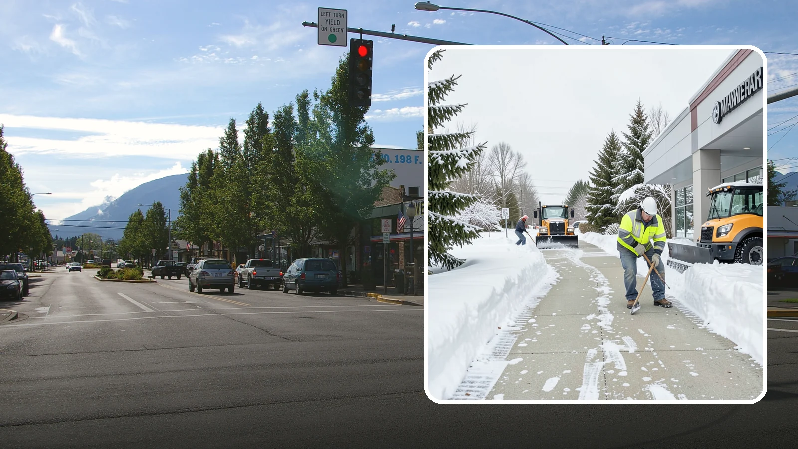 Car Dealership Sidewalk Clearing in North Bend, King County, WA - Showroom and service-entrance sidewalk clearing for Western Washington car dealerships, keeping customer walks safe and the...