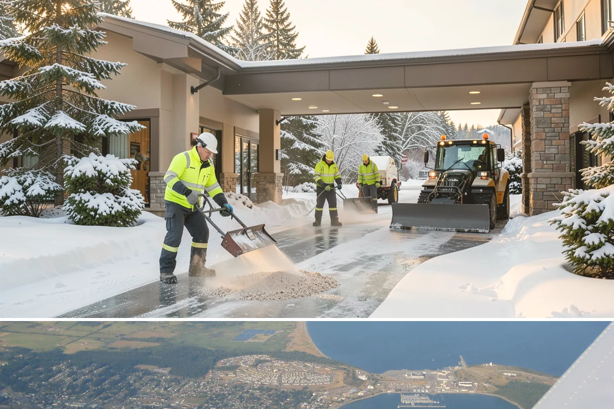 Car Dealership Sidewalk Clearing in Oak Harbor, Island County, WA - Dealership demand runs December through February, when overnight drizzle glazes smooth showroom entrances before customers arrive.