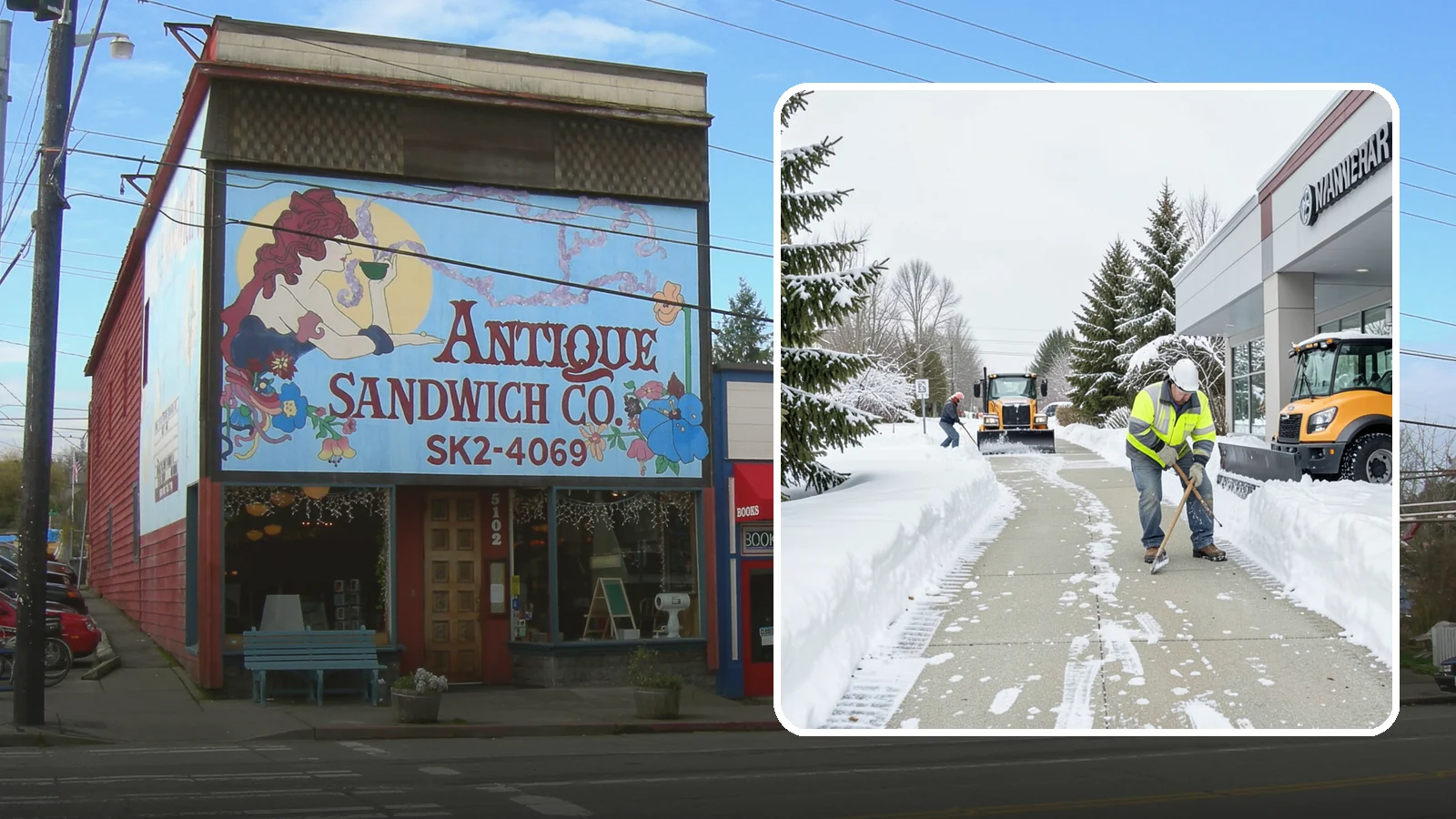 Car Dealership Sidewalk Clearing in Ruston, Pierce County, WA - Showroom and service-entrance sidewalk clearing for Western Washington car dealerships, keeping customer walks safe and the...