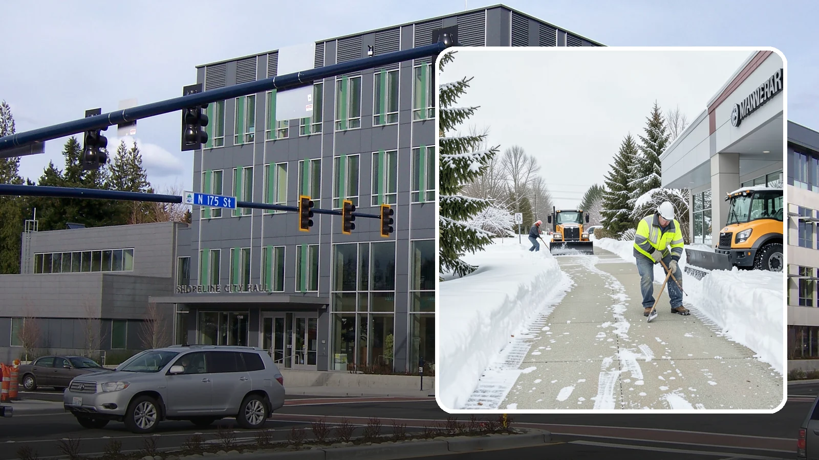 Car Dealership Sidewalk Clearing in Shoreline, King County, WA - Showroom and service-entrance sidewalk clearing for Western Washington car dealerships, keeping customer walks safe and the...