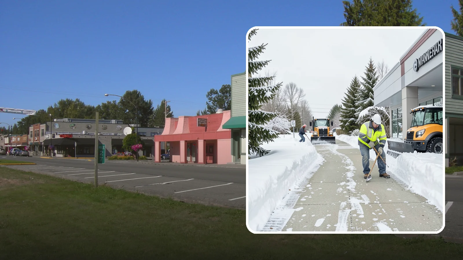 Car Dealership Sidewalk Clearing in Snoqualmie, King County, WA - Showroom and service-entrance sidewalk clearing for Western Washington car dealerships, keeping customer walks safe and the...