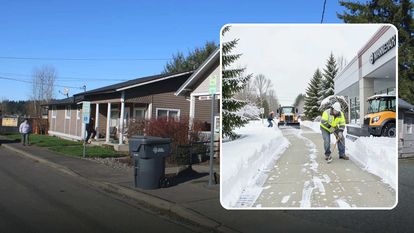 Car Dealership Sidewalk Clearing in South Prairie, Pierce County, WA - Showroom and service-entrance sidewalk clearing for Western Washington car dealerships, keeping customer walks safe and the...
