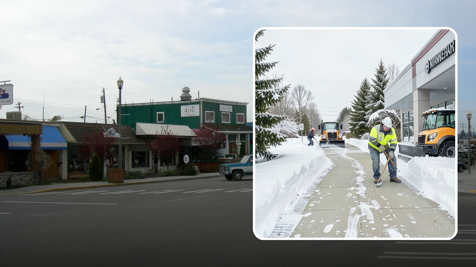 Car Dealership Sidewalk Clearing in Stanwood, Snohomish County, WA - Showroom and service-entrance sidewalk clearing for Western Washington car dealerships, keeping customer walks safe and the...