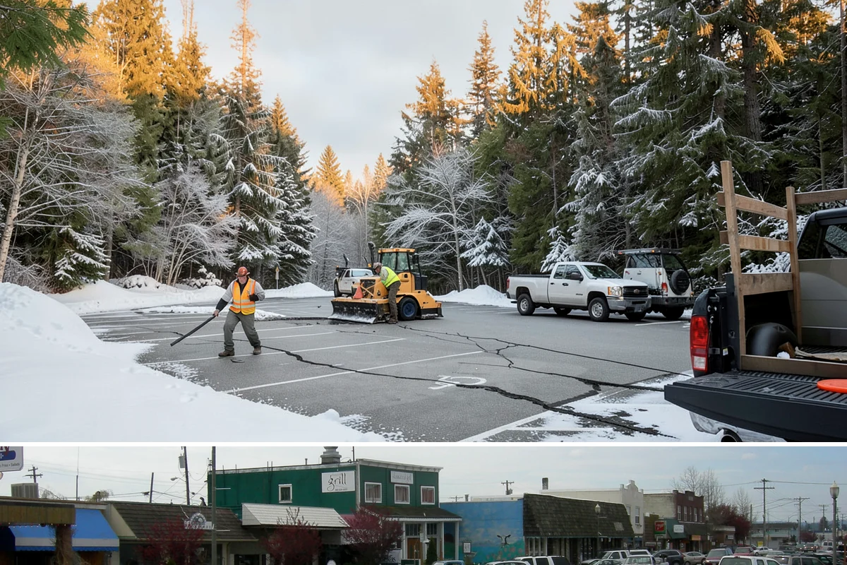 Car Dealership Sidewalk Clearing in Stanwood, Snohomish County, WA - Dealership demand runs December through February, when overnight drizzle glazes smooth showroom entrances before customers arrive.