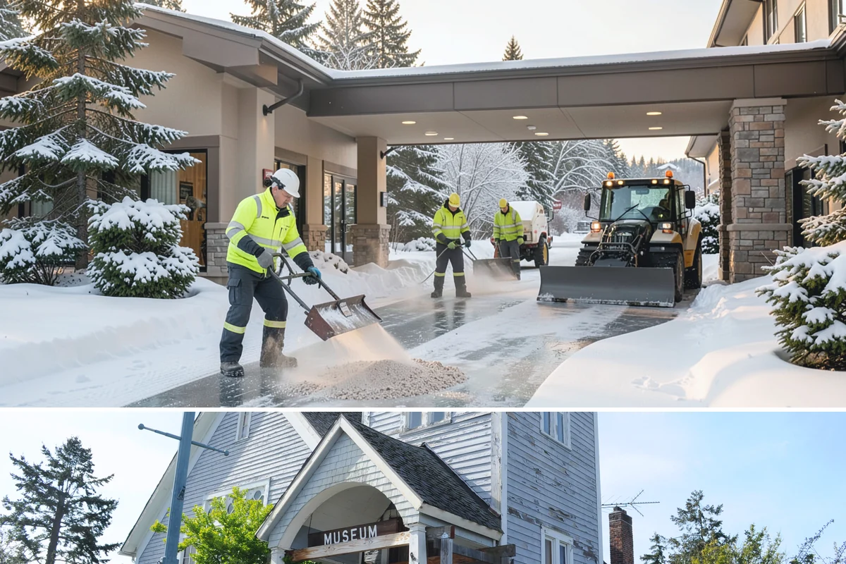 Car Dealership Sidewalk Clearing in Steilacoom, Pierce County, WA - Dealership demand runs December through February, when overnight drizzle glazes smooth showroom entrances before customers arrive.