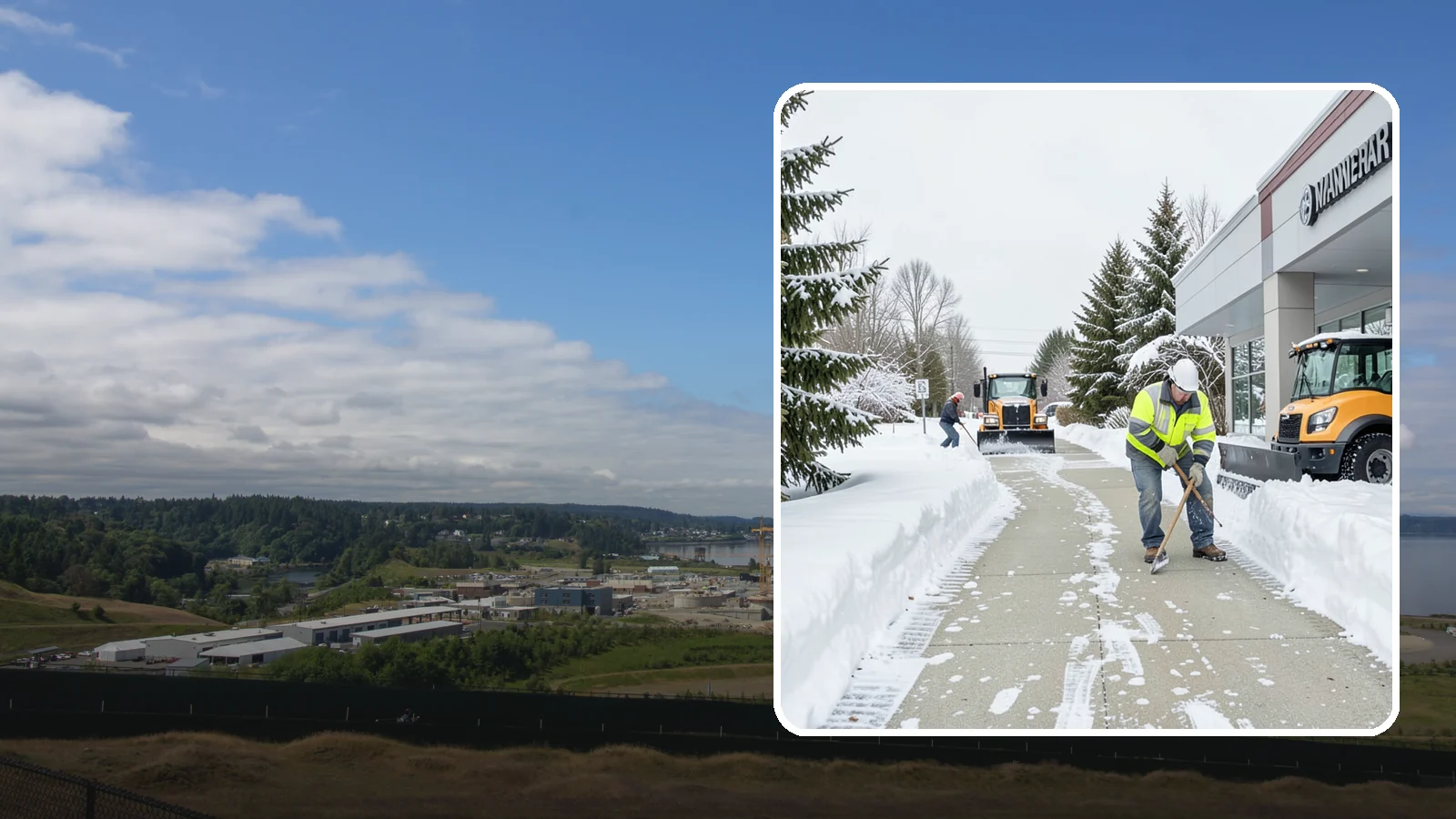 Car Dealership Sidewalk Clearing in University Place, Pierce County, WA - Showroom and service-entrance sidewalk clearing for Western Washington car dealerships, keeping customer walks safe and the...