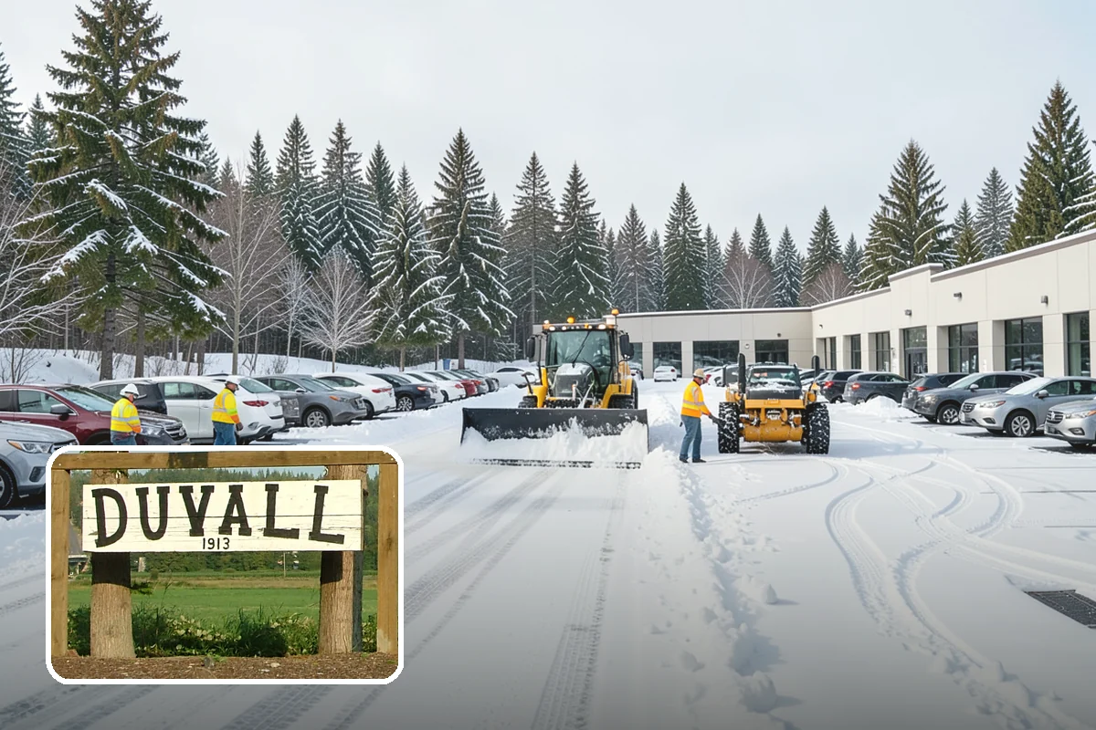 Car Dealership Snow Plowing in Duvall, King County, WA - Inventory rows cleared without scraping vehicles