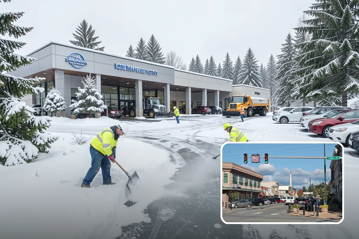 Car Dealership Snow Plowing in Monroe, Snohomish County, WA - Inventory rows cleared without scraping vehicles