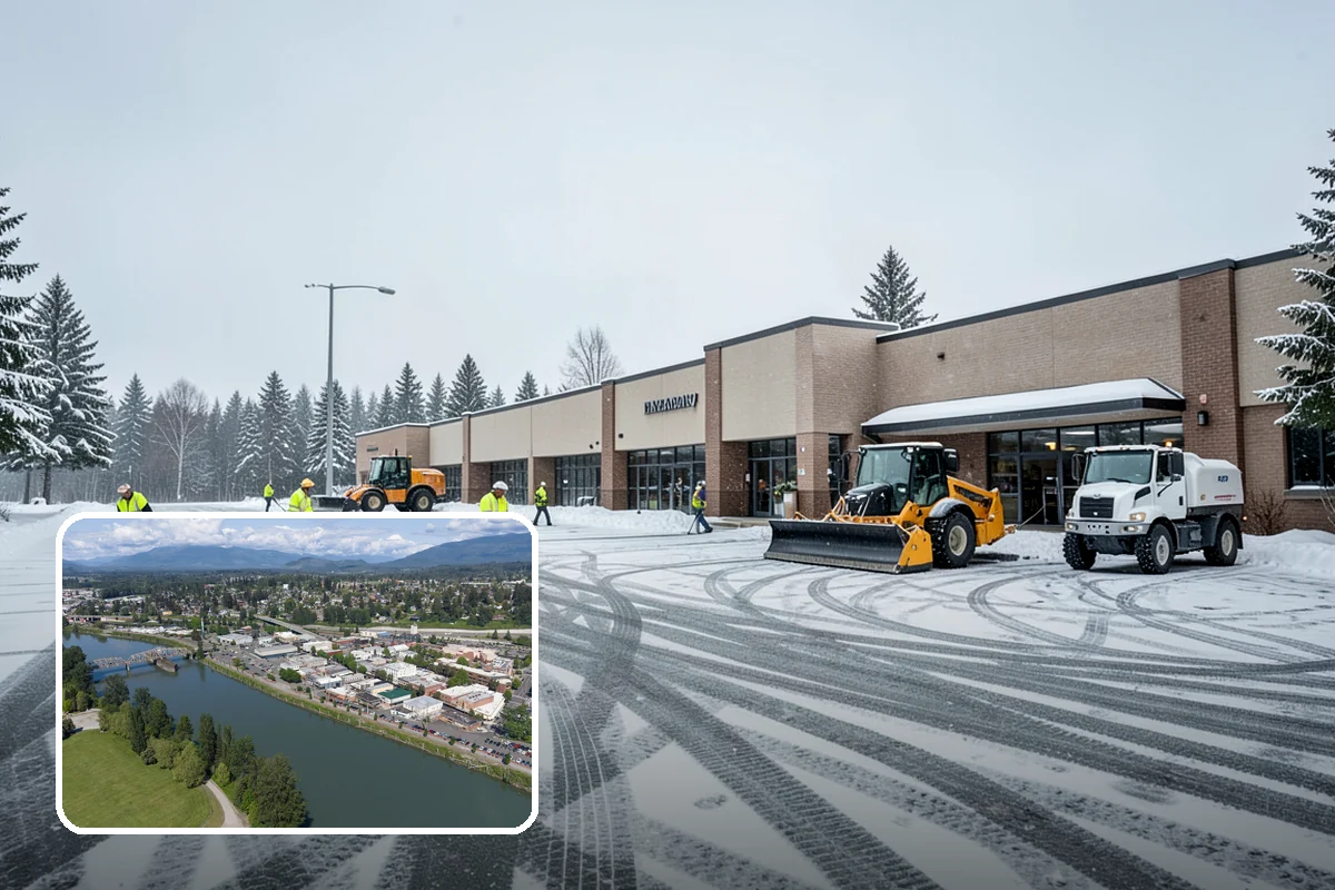 Car Dealership Snow Plowing in Mount Vernon, Skagit County, WA - Inventory rows cleared without scraping vehicles