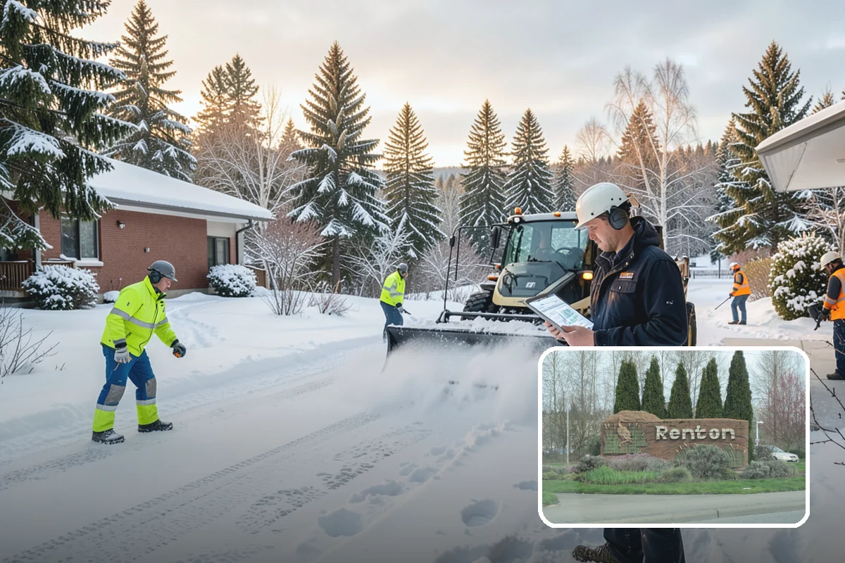 Car Dealership Snow Plowing in Renton, King County, WA - Inventory rows cleared without scraping vehicles