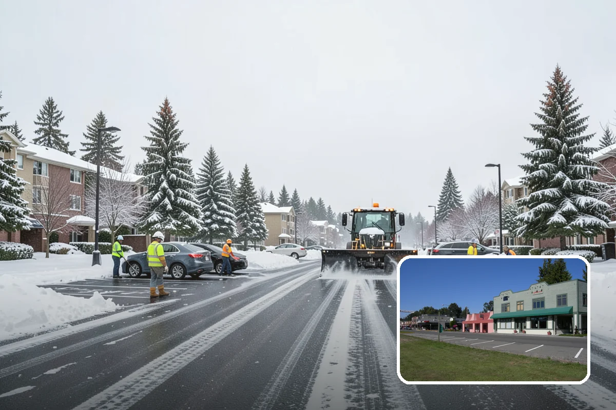Car Dealership Snow Plowing in Snoqualmie, King County, WA - Inventory rows cleared without scraping vehicles