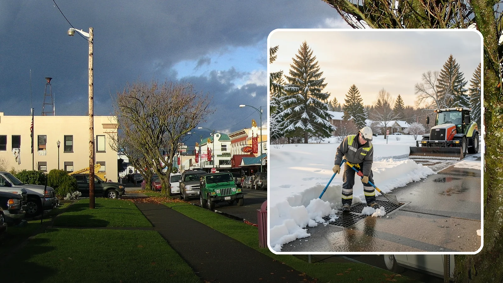 Catch Basin Snow Clearing in Arlington, Snohomish County, WA - We keep catch basins and storm grates open so meltwater and rain drain instead of flooding your lot.