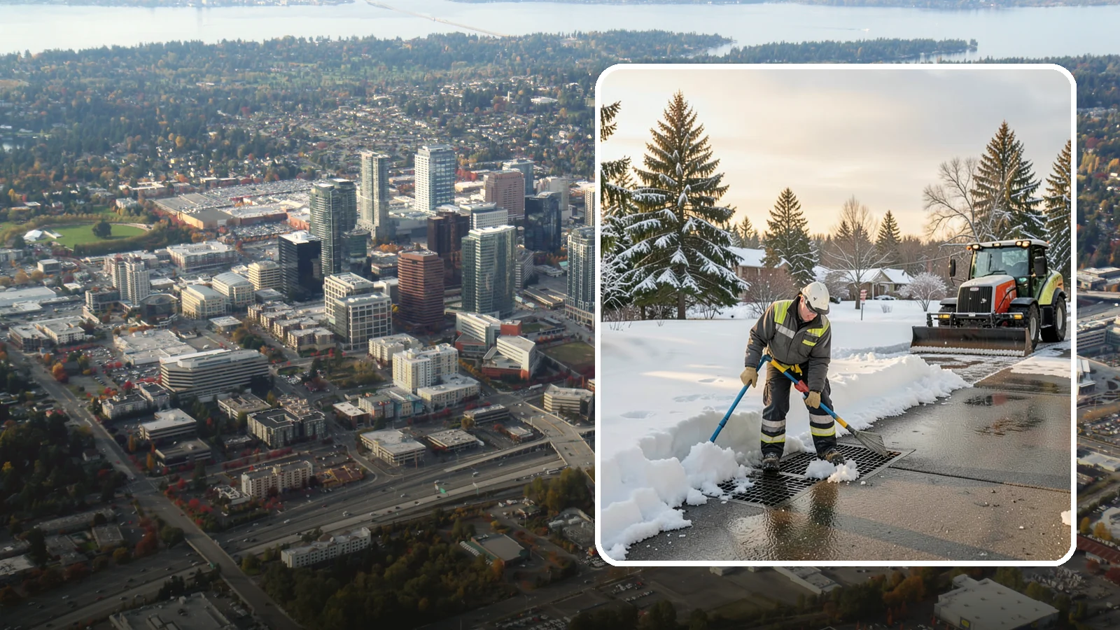 Catch Basin Snow Clearing in Bellevue, King County, WA - We keep catch basins and storm grates open so meltwater and rain drain instead of flooding your lot.