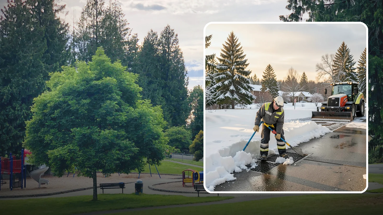 Catch Basin Snow Clearing in Bonney Lake, Pierce County, WA - We keep catch basins and storm grates open so meltwater and rain drain instead of flooding your lot.