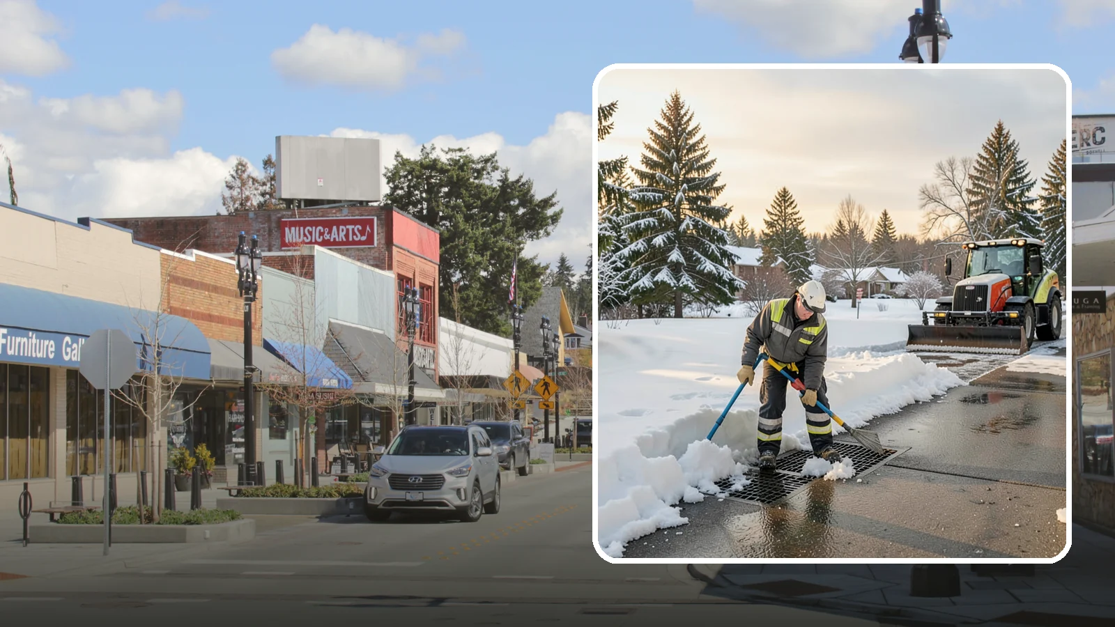 Catch Basin Snow Clearing in Bothell, King County, WA - We keep catch basins and storm grates open so meltwater and rain drain instead of flooding your lot.
