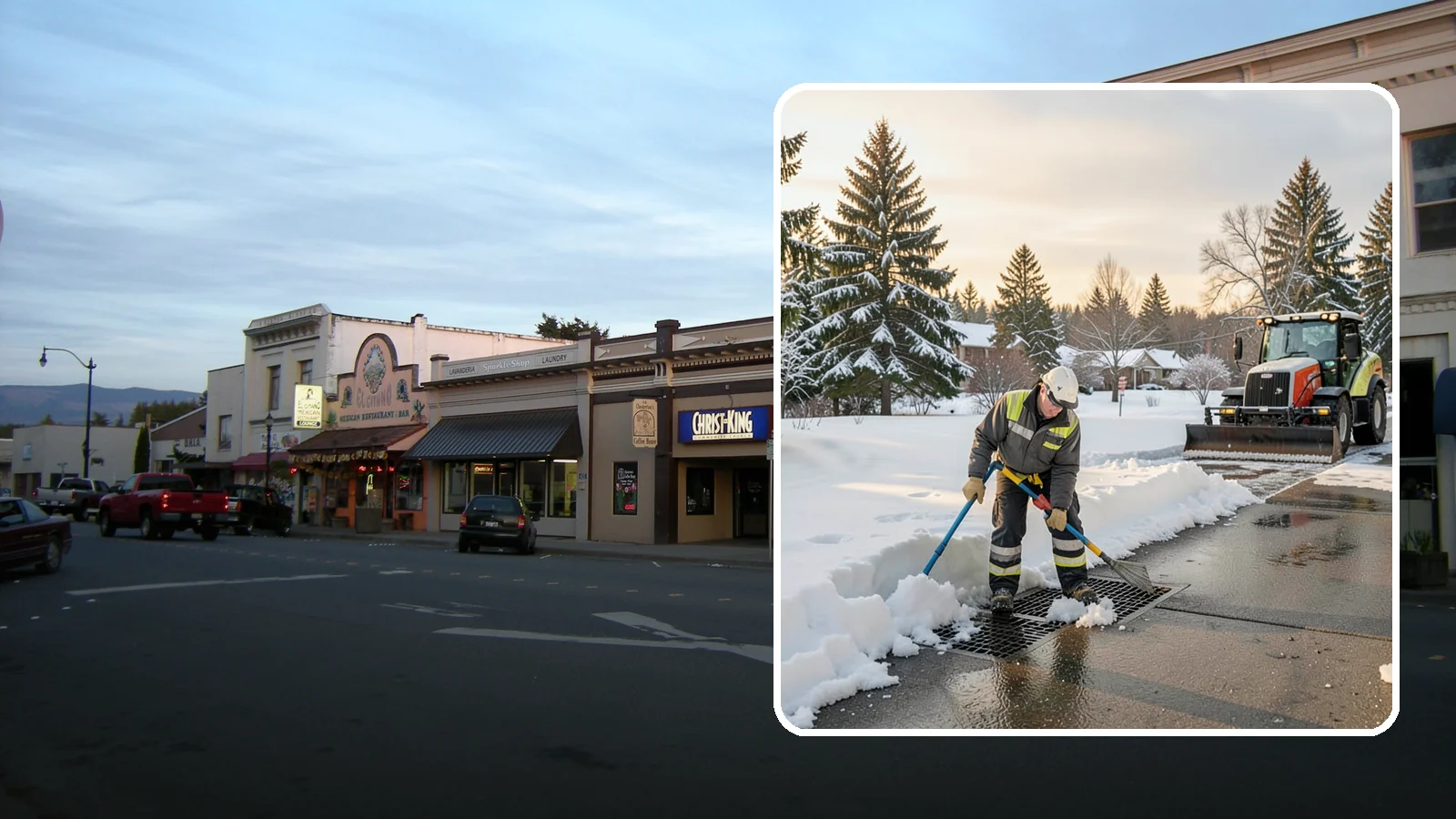 Catch Basin Snow Clearing in Burlington, Skagit County, WA - We keep catch basins and storm grates open so meltwater and rain drain instead of flooding your lot.