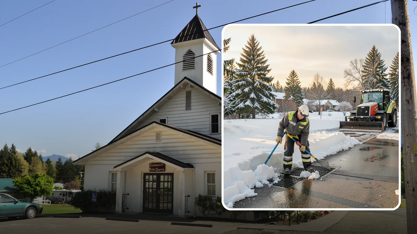 Catch Basin Snow Clearing in Concrete, Skagit County, WA - We keep catch basins and storm grates open so meltwater and rain drain instead of flooding your lot.
