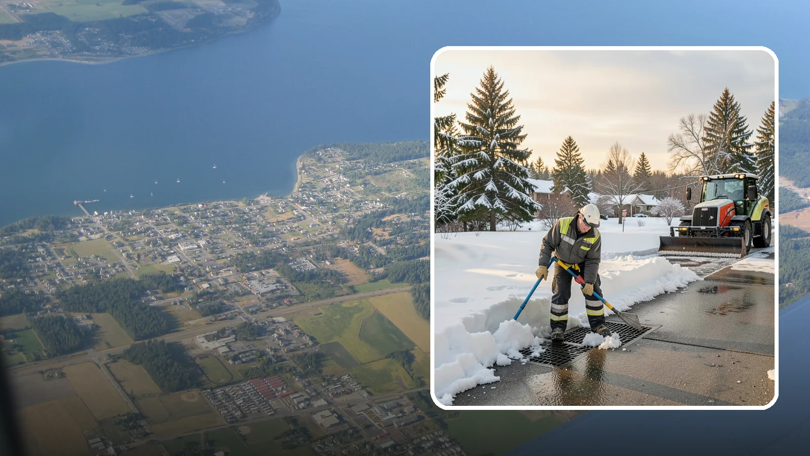 Catch Basin Snow Clearing in Coupeville, Island County, WA - We keep catch basins and storm grates open so meltwater and rain drain instead of flooding your lot.
