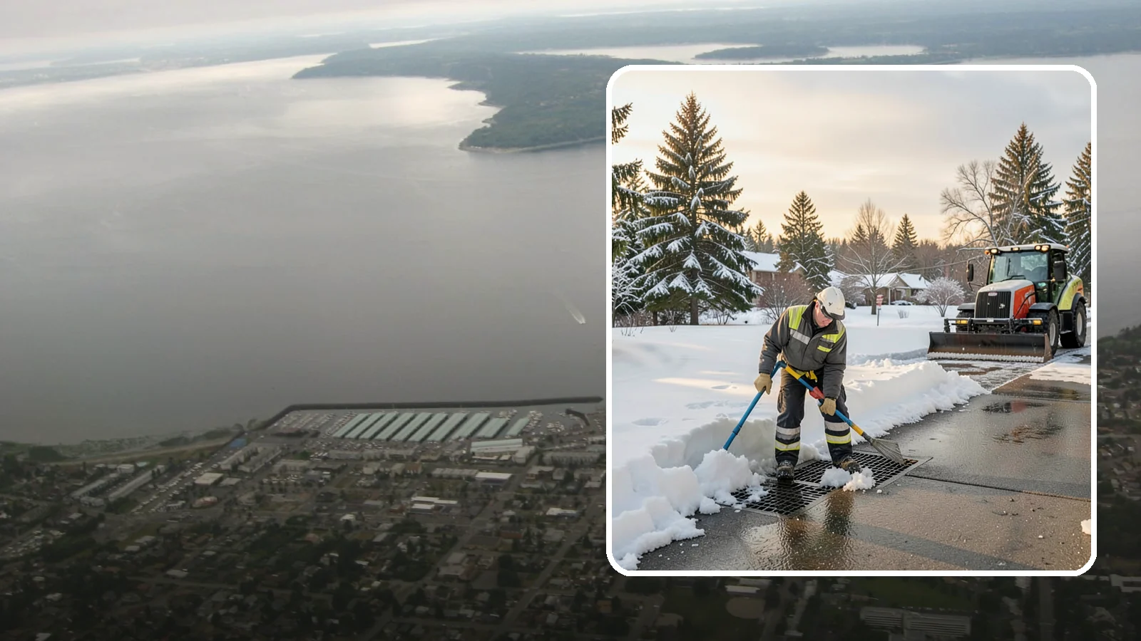 Catch Basin Snow Clearing in Des Moines, King County, WA - We keep catch basins and storm grates open so meltwater and rain drain instead of flooding your lot.