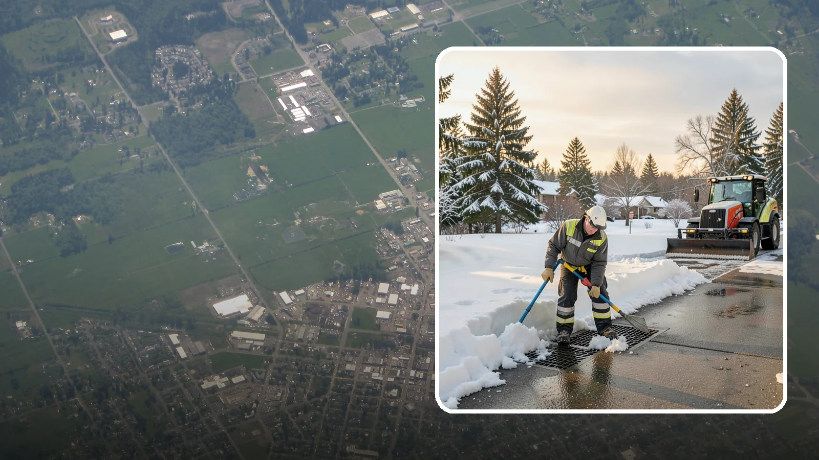 Catch Basin Snow Clearing in Enumclaw, King County, WA - We keep catch basins and storm grates open so meltwater and rain drain instead of flooding your lot.