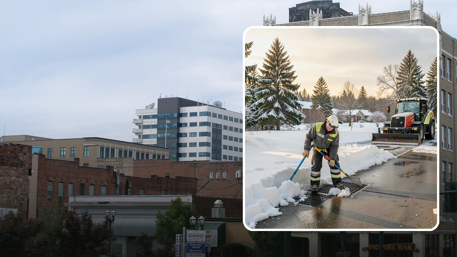 Catch Basin Snow Clearing in Everett, Snohomish County, WA - We keep catch basins and storm grates open so meltwater and rain drain instead of flooding your lot.