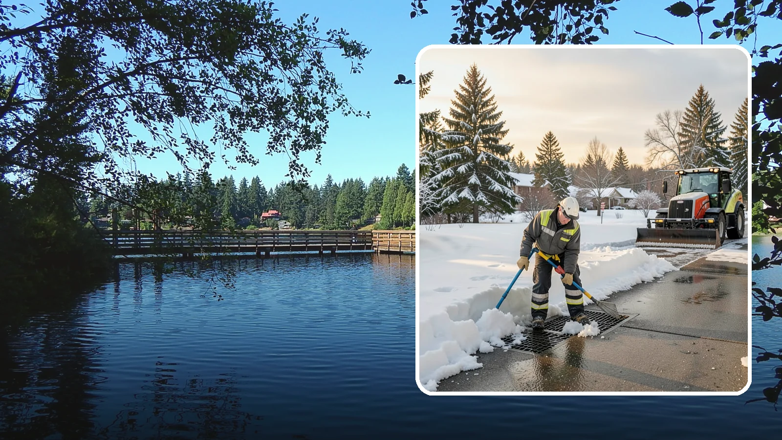 Catch Basin Snow Clearing in Federal Way, King County, WA - We keep catch basins and storm grates open so meltwater and rain drain instead of flooding your lot.