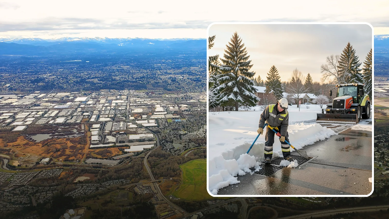 Catch Basin Snow Clearing in Kent, King County, WA - We keep catch basins and storm grates open so meltwater and rain drain instead of flooding your lot.