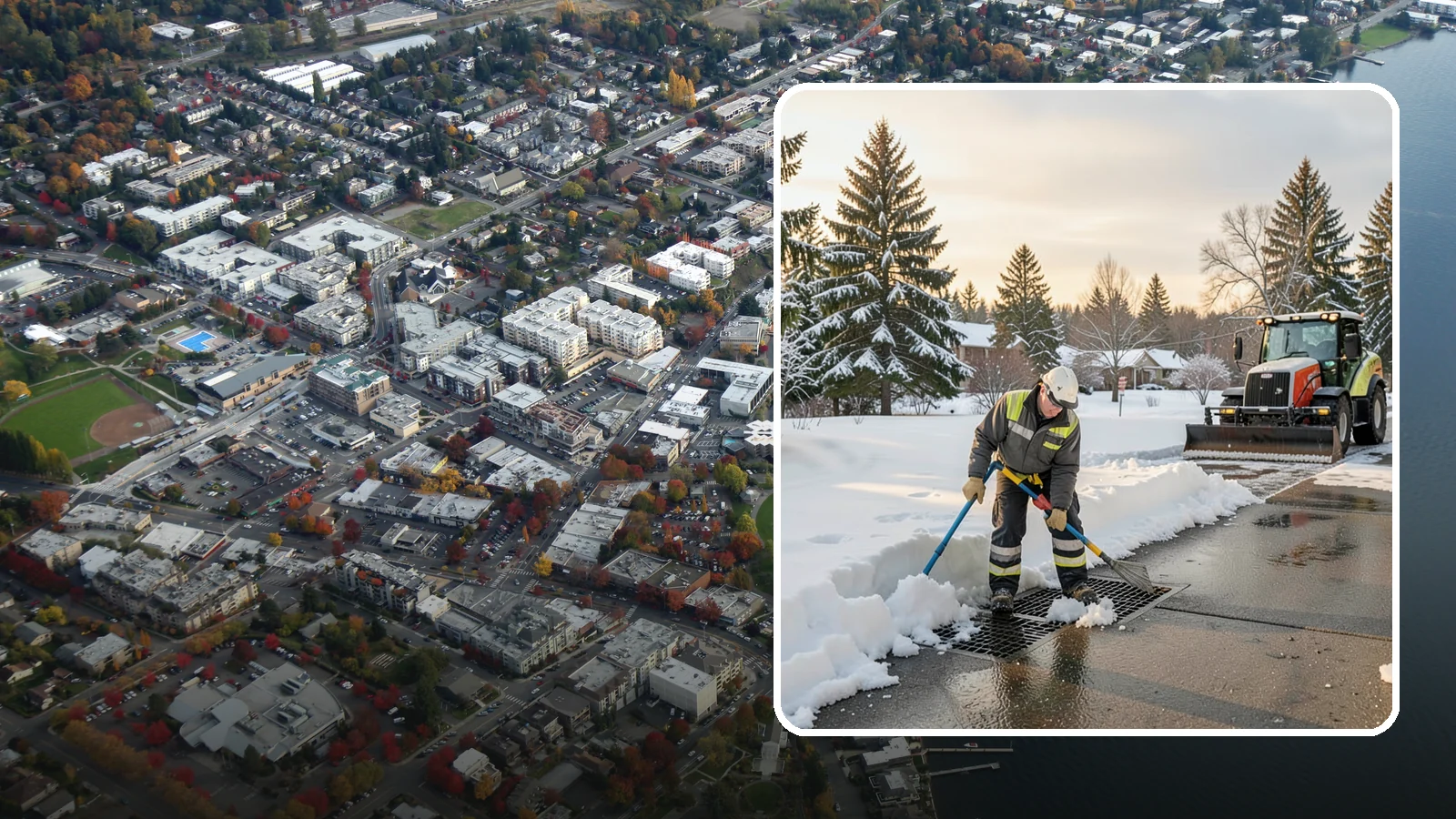 Catch Basin Snow Clearing in Kirkland, King County, WA - We keep catch basins and storm grates open so meltwater and rain drain instead of flooding your lot.